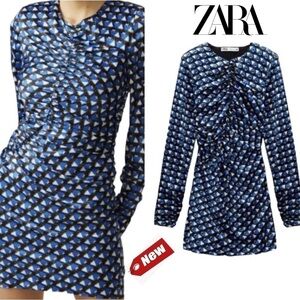 Zara blue black satin effect geometric print cutout ruched long sleeve dress L